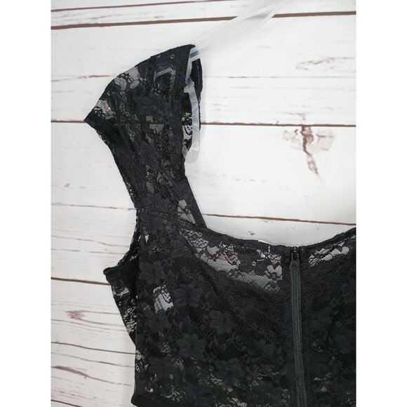 Faded Rose Black Sheer Lace Bustier Crop Top With Cap Sleeves & Back Zipper Clos - Picture 3 of 15